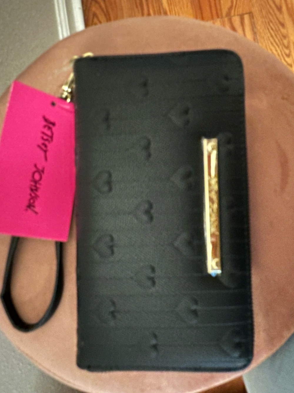 Black Wristlet Wallet with Embossed Heart Pattern